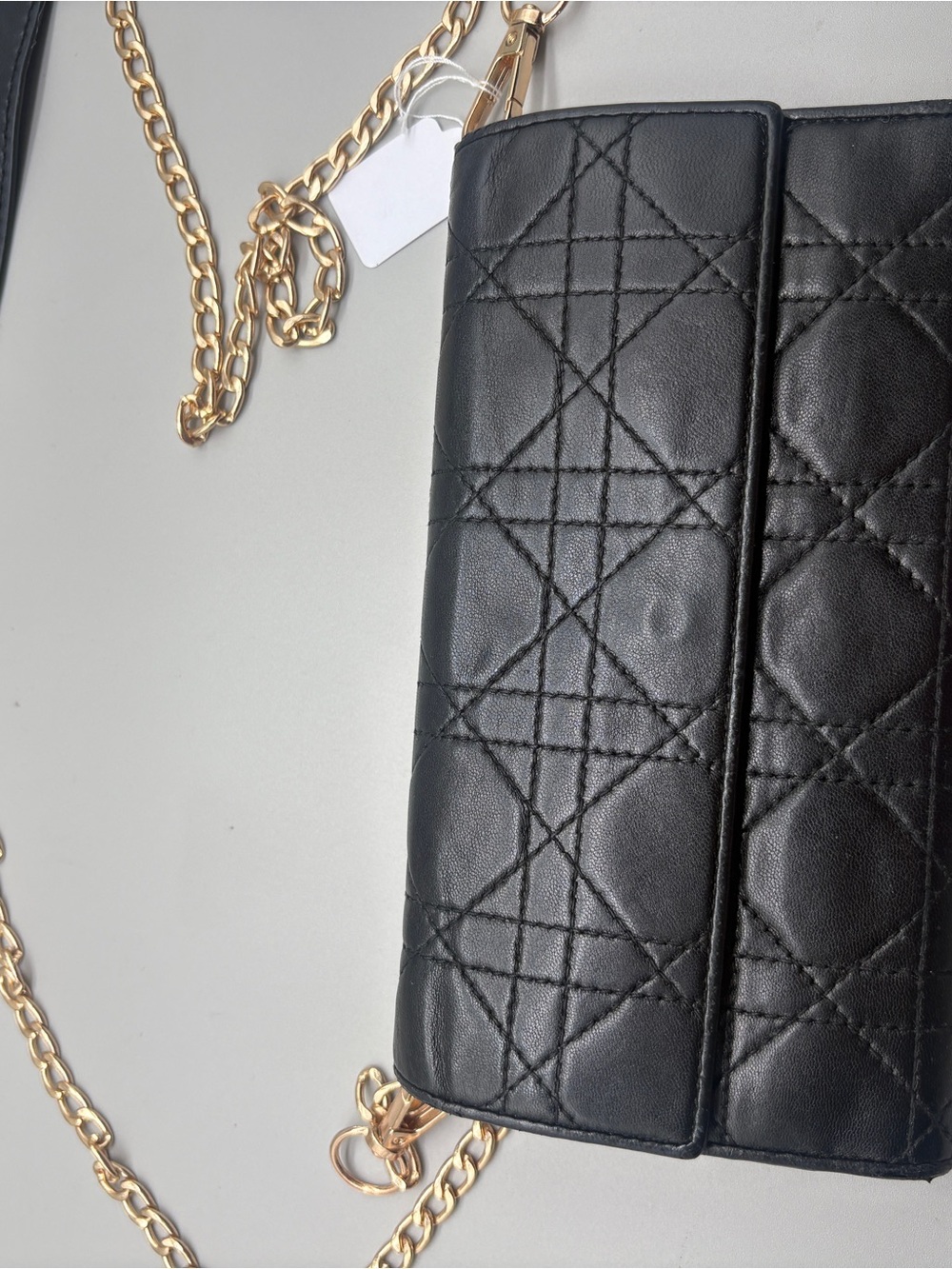 Dior Black Quilted Leather Shoulder Wallet with Gold Chain